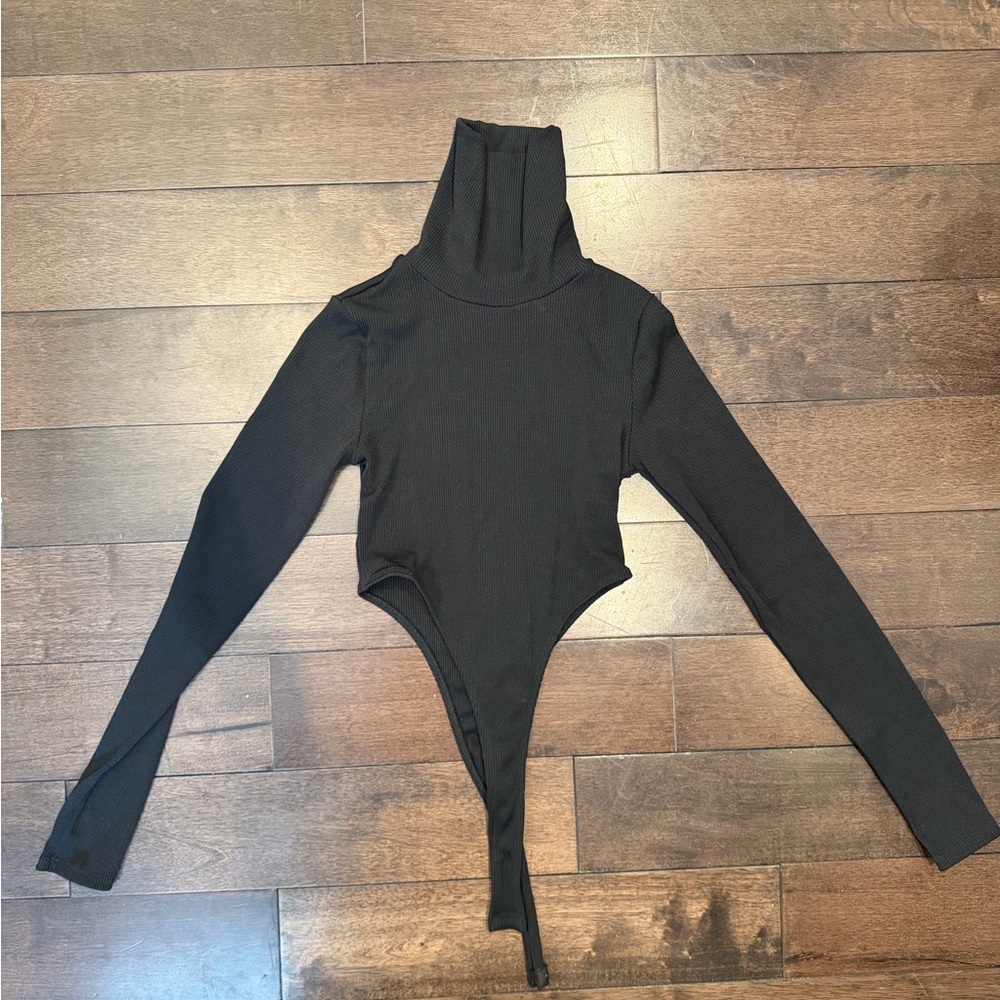 Zara Black Ribbed Turtle Neck Thong Bodysuit